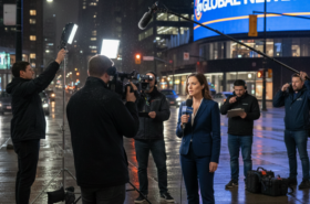 TV crew, camera sound fixer reporter